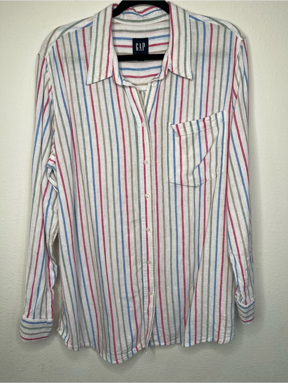 GAP Linen Blend Button Up Shirt Womens XL Striped Long Sleeve Tunic Top Beachy